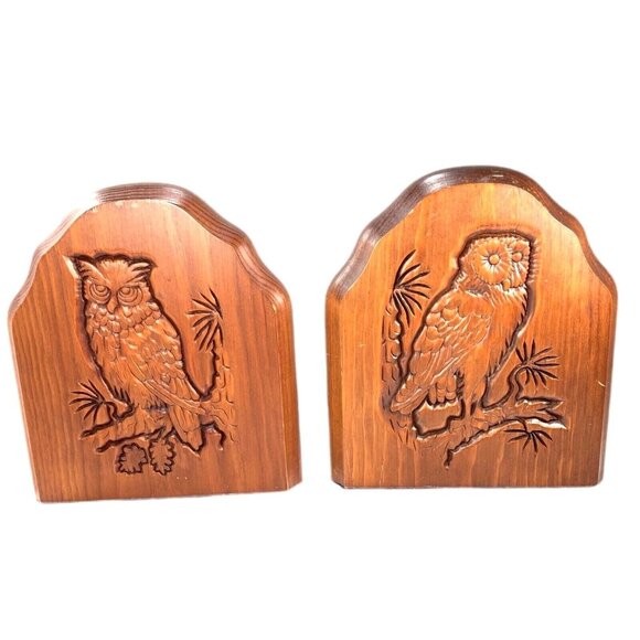 Unbranded Other - Vintage Hand Carved Wooden Owl Bookends 7.25” MCM Bird Home Decor Library Books